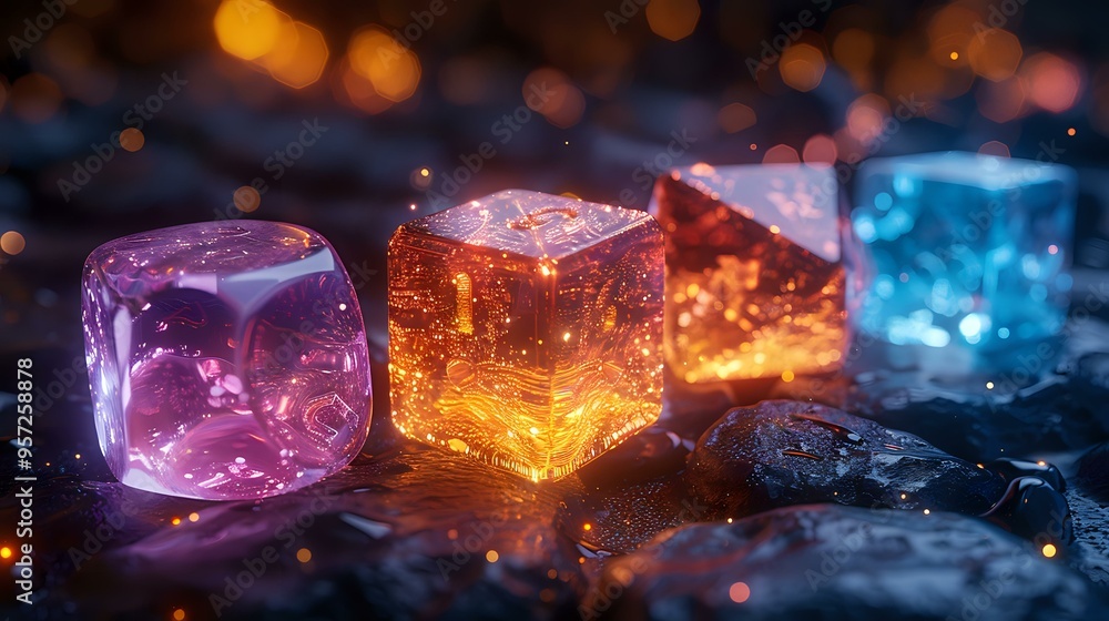 A close-up of glowing, colorful geometric crystals in orange, pink, and blue hues on a reflective surface. Ideal for fantasy, sci-fi designs, game art, or mystical themes. A close-up of glowing, colorful geometric crystals in orange, pink, and blue hues on a reflective surface. Ideal for fantasy, sci-fi designs, game art, or mystical themes.