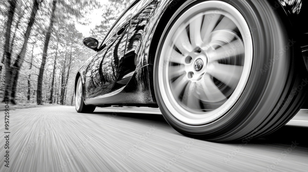 Dynamic close-up of a high-speed sports car wheel splashing through rain on asphalt Dynamic close-up of a high-speed sports car wheel splashing through rain on asphalt
