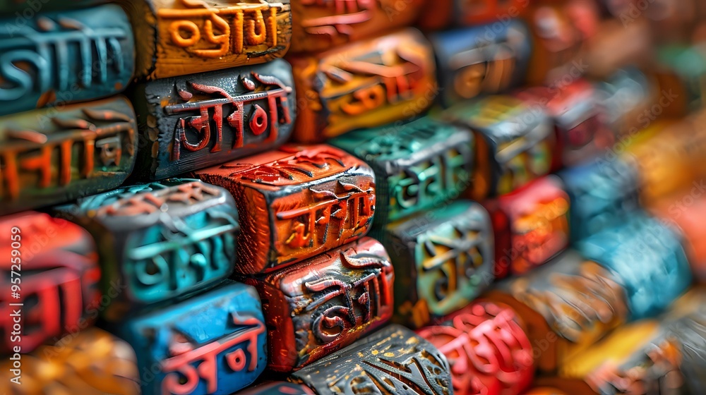 Fototapeta premium A collection of intricately carved colorful beads with tribal and geometric patterns, displayed in rows. Perfect for themes related to jewelry design, crafts, cultural art, and handmade accessories.