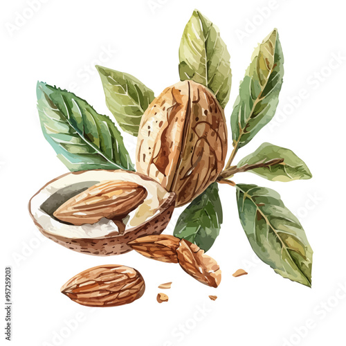 Watercolor painting of almond, isolated on a white background, and almond vector