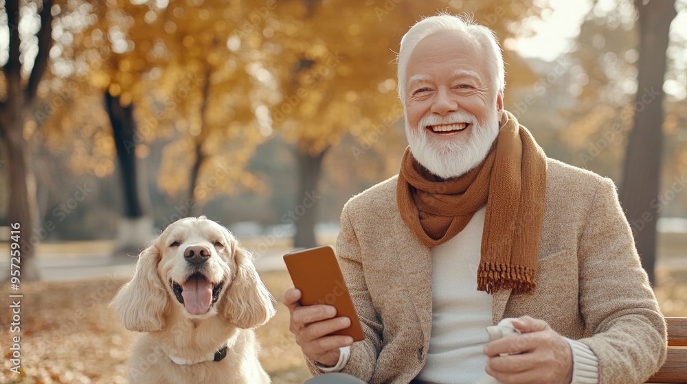 A joyful elderly man sits on a bench in a park, sharing a tranquil moment with his dog amid vibrant autumn foliage, reflecting a sense of companionship and warmth A joyful elderly man sits on a bench in a park, sharing a tranquil moment with his dog amid vibrant autumn foliage, reflecting a sense of companionship and warmth