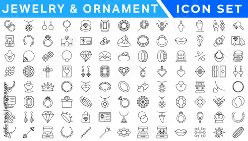 Jewelry &  Ornament icon set . Simple Set of Jewelry Related Vector Line Icons. Contains such Icons as Earrings, Body Crosses, and Engagement rings. icon set. photo