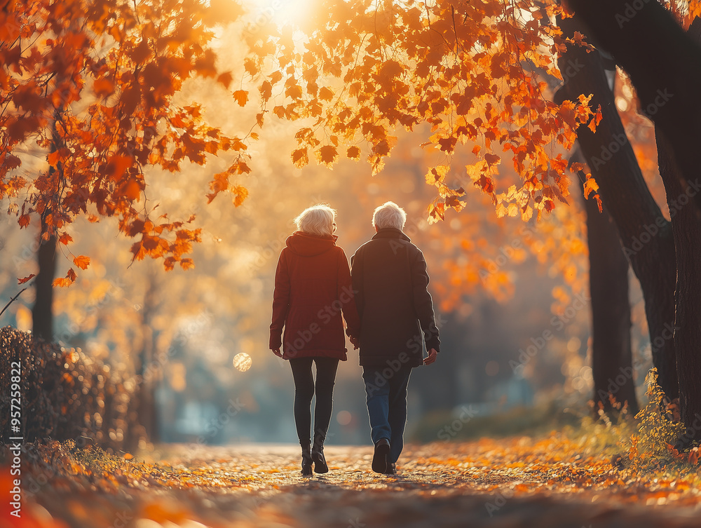 A senior couple strolls closely together along a leaf-strewn path, surrounded by colorful autumn trees as the warm sun sets, creating a romantic atmosphere A senior couple strolls closely together along a leaf-strewn path, surrounded by colorful autumn trees as the warm sun sets, creating a romantic atmosphere