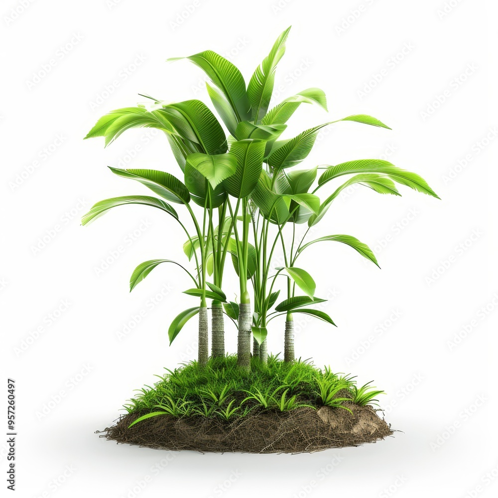 Fototapeta premium a 3D coconut tree with new shoots, growth stage, bright green leaves, isolated on white background