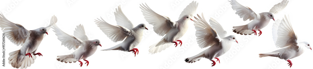 Obraz premium Collection of pure white dove Flying in flight on isolate white background.