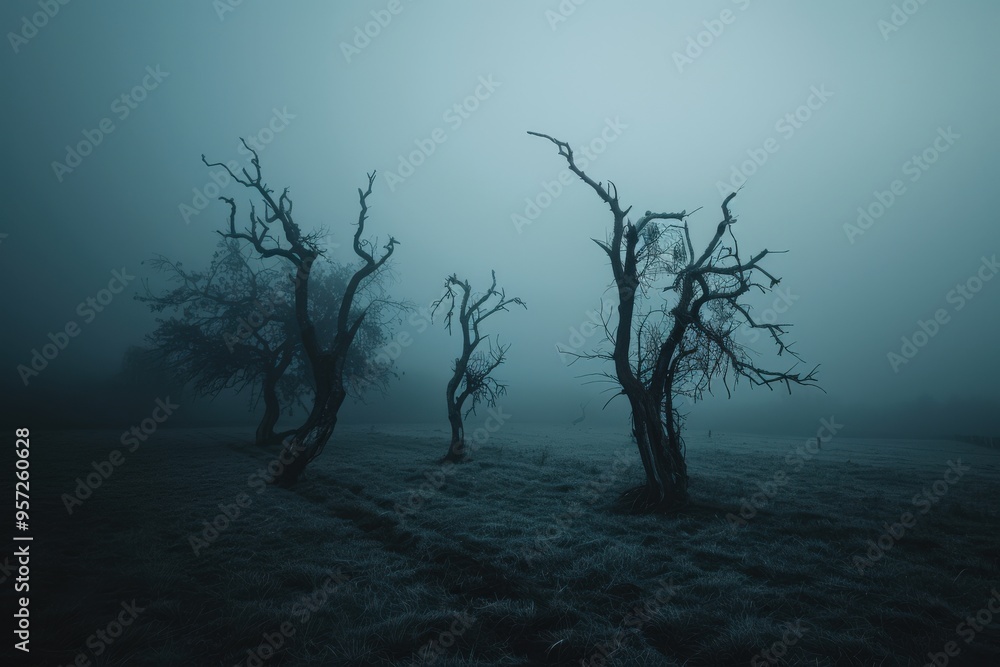 Dead Trees. Fantasy Art of Dead Trees in a Cold Misty Morning Meadow Dead Trees. Fantasy Art of Dead Trees in a Cold Misty Morning Meadow