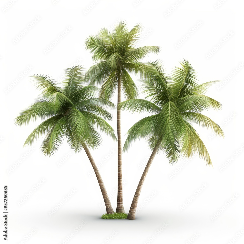 Fototapeta premium a 3D coconut tree with shadows, realistic effect, green fronds and coconuts, isolated on white background