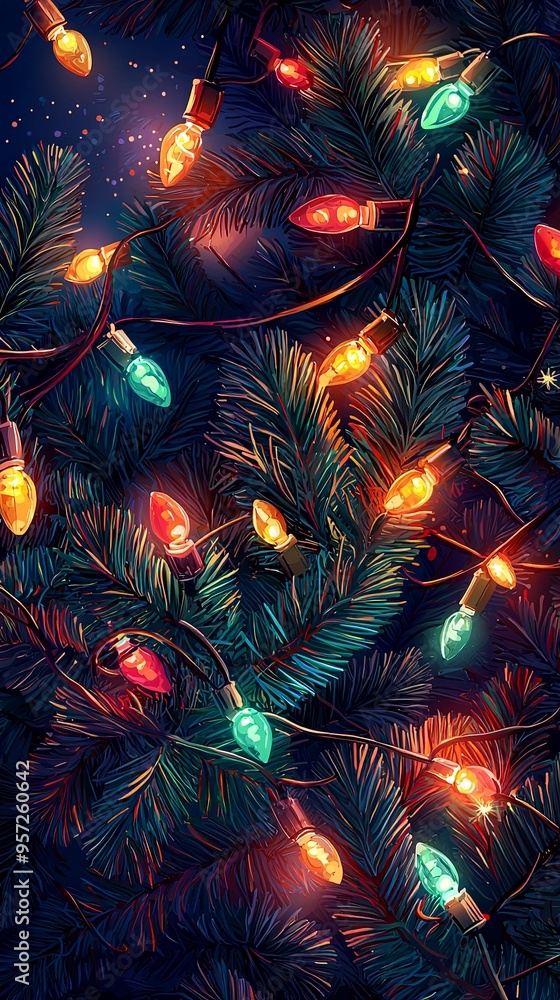 A close-up view of colorful Christmas lights draped over lush pine tree branches, illuminating the night and evoking a festive holiday spirit. A close-up view of colorful Christmas lights draped over lush pine tree branches, illuminating the night and evoking a festive holiday spirit.
