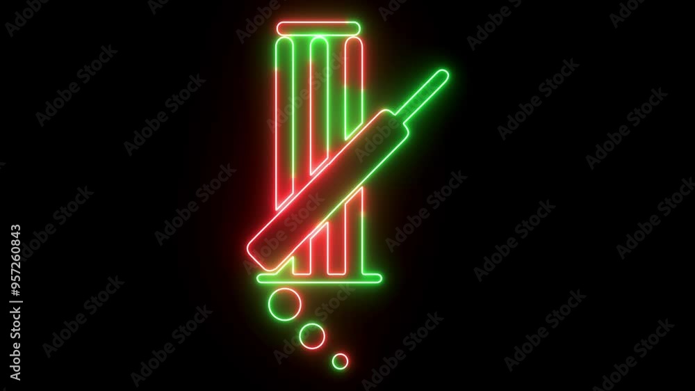 Neon Cricket Bat, Ball, and Stumps Icon and Symbol Animation on Black Background, 4k Neon Cricket Bat, Ball, and Stumps Icon and Symbol Animation on Black Background, 4k