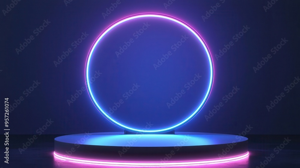 A vibrant circular neon light display on a glowing stage, perfect for modern designs and futuristic concepts. A vibrant circular neon light display on a glowing stage, perfect for modern designs and futuristic concepts.