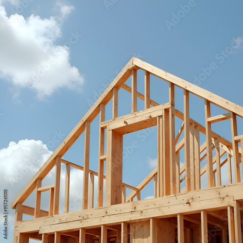 A wooden frame of a building under construction against a blue sky. It is the beginning stages of a new home or building, with the primary wooden beams and framework in place