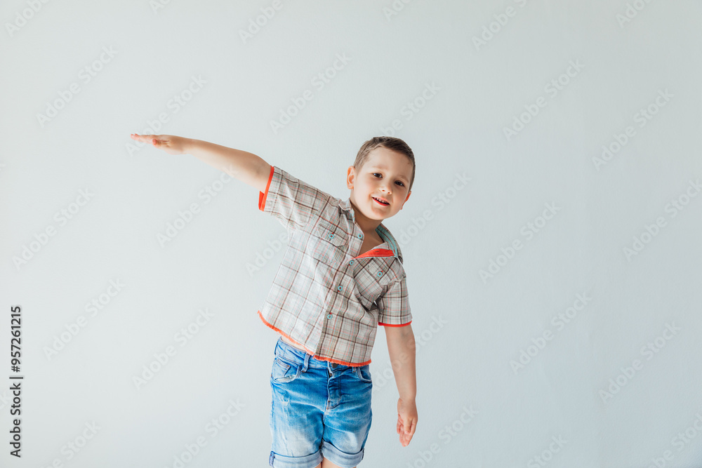Little Boy Raised Hands Playing Plane Pilot Little Boy Raised Hands Playing Plane Pilot