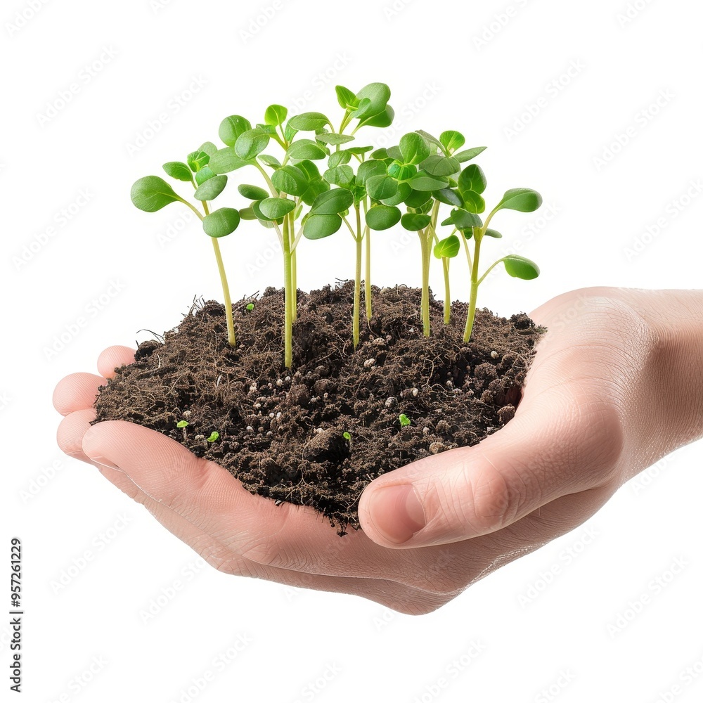 a 3D hand holding a group of seedlings, cluster of sprouts, green leaves and brown soil, isolated on white background a 3D hand holding a group of seedlings, cluster of sprouts, green leaves and brown soil, isolated on white background