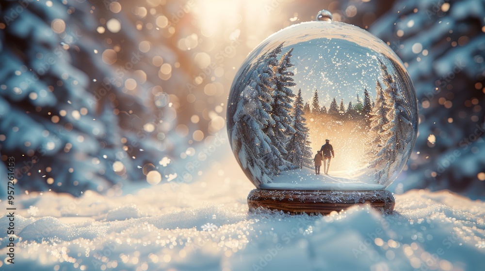 A serene winter landscape captured within a snow globe with a silhouetted figure walking through a snowy forest at twilight A serene winter landscape captured within a snow globe with a silhouetted figure walking through a snowy forest at twilight