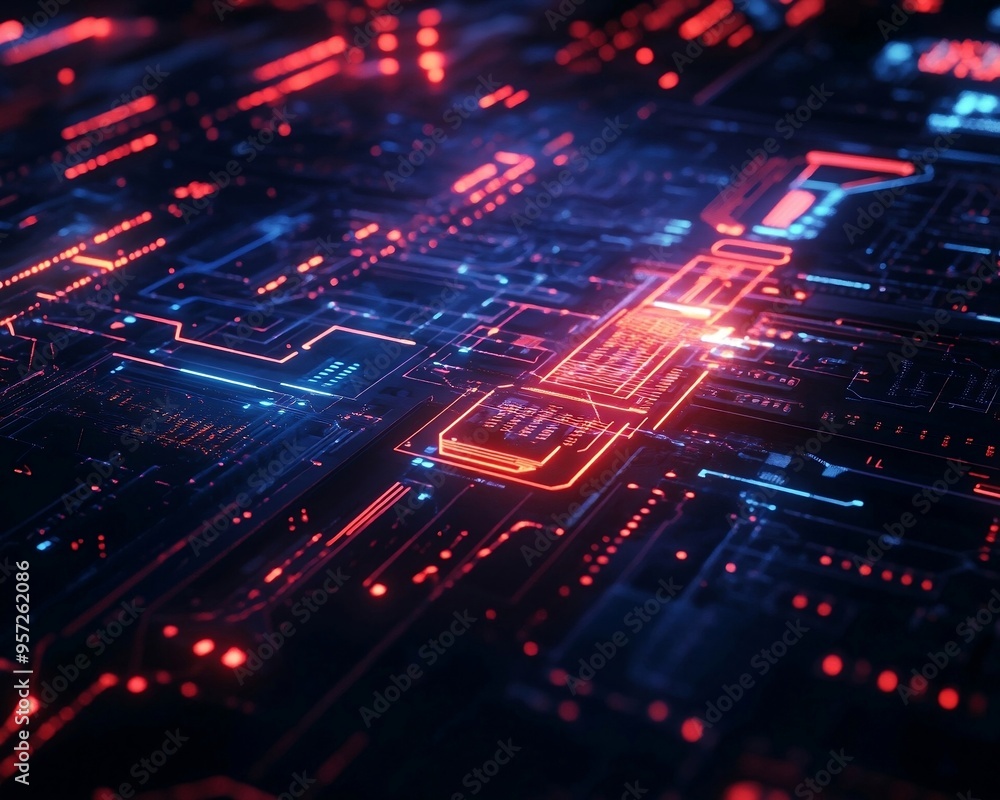 Futuristic AI Technology Background with Red and Blue Neon Effects Futuristic AI Technology Background with Red and Blue Neon Effects