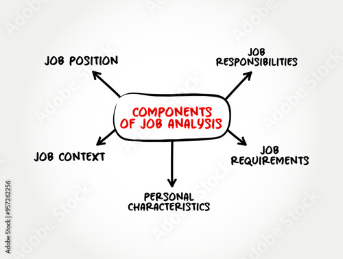 Components of Job Analysis - process of studying a job to determine which activities and responsibilities it includes, mind map text concept background