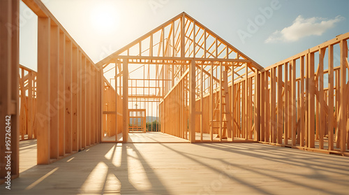 A wooden frame of a building under construction against a blue sky. It is the beginning stages of a new home or building, with the primary wooden beams and framework in place