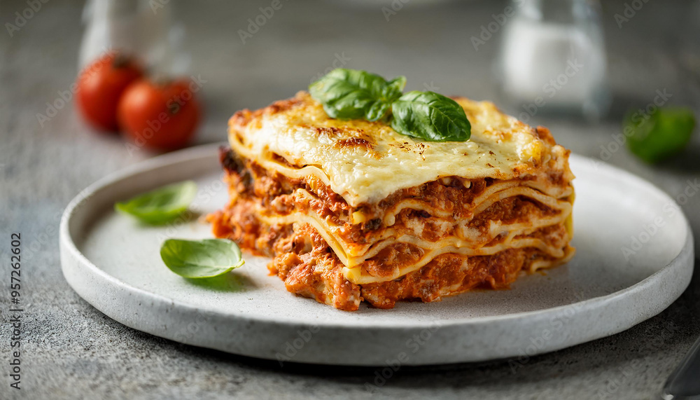 Italian lasagna with Bolognese sauce, creamy béchamel, and pasta sheets. Tasty dish. Delicious food Italian lasagna with Bolognese sauce, creamy béchamel, and pasta sheets. Tasty dish. Delicious food