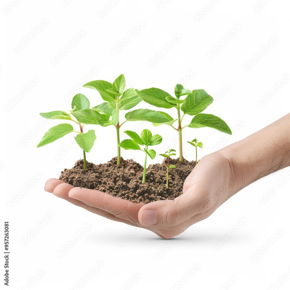 a 3D hand holding seedlings, detailed sprouts, vibrant green and brown soil, isolated on white background a 3D hand holding seedlings, detailed sprouts, vibrant green and brown soil, isolated on white background