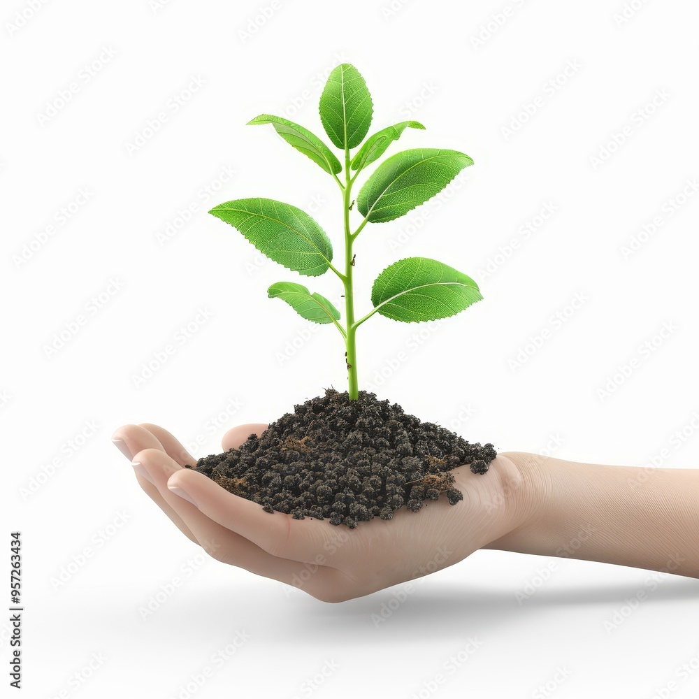 a 3D hand holding seedlings with a gentle grip, careful nurture, green sprouts and soil, isolated on white background a 3D hand holding seedlings with a gentle grip, careful nurture, green sprouts and soil, isolated on white background