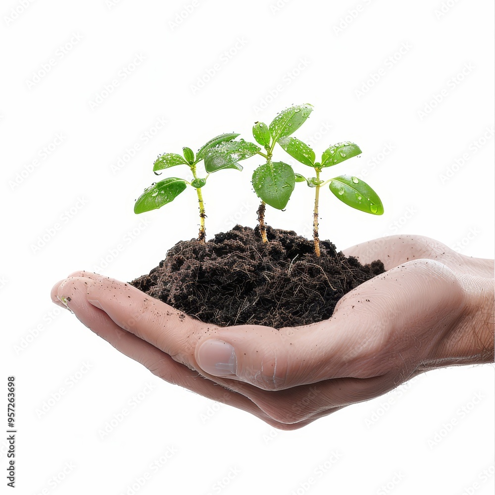 a 3D hand holding seedlings with morning dew, fresh and vibrant, green sprouts and soil, isolated on white background a 3D hand holding seedlings with morning dew, fresh and vibrant, green sprouts and soil, isolated on white background