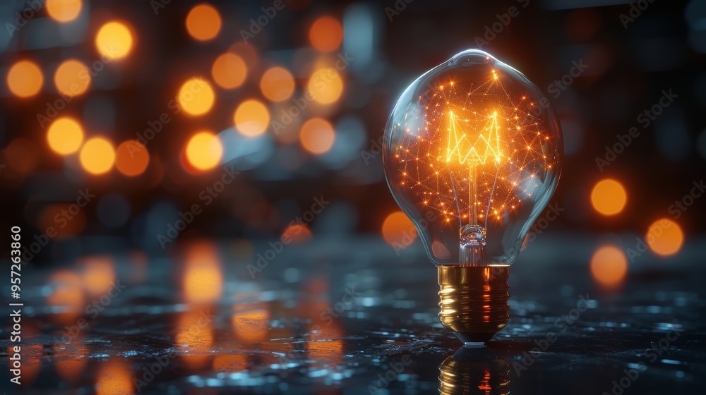 A glowing light bulb illuminates a dark background filled with warm bokeh lights, creating an atmospheric and inviting ambiance A glowing light bulb illuminates a dark background filled with warm bokeh lights, creating an atmospheric and inviting ambiance