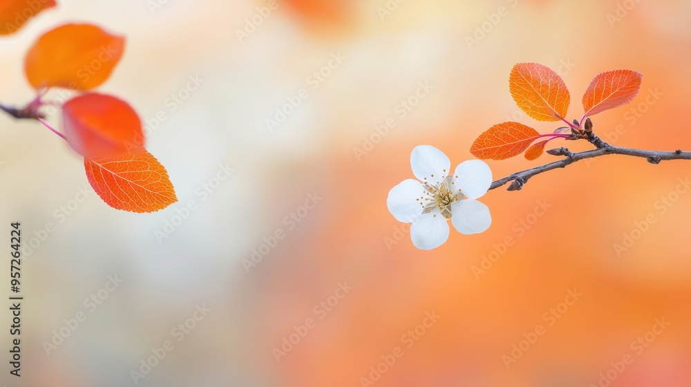 Beautiful Autumn Scene with Vibrant Orange Leaves and a Single White Blossom on a Branch Beautiful Autumn Scene with Vibrant Orange Leaves and a Single White Blossom on a Branch