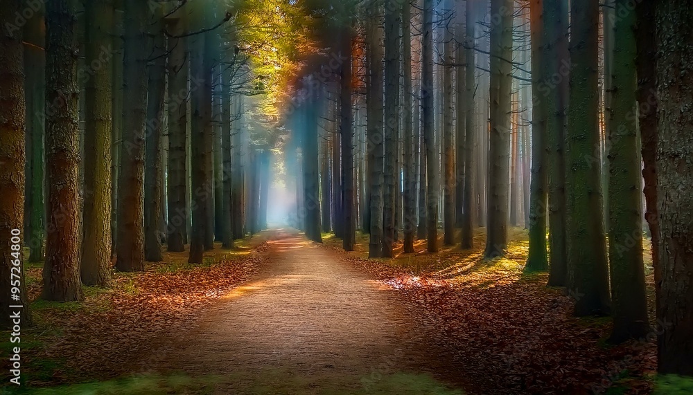 Naklejka premium Camino rural en medio de un bosque otoñal