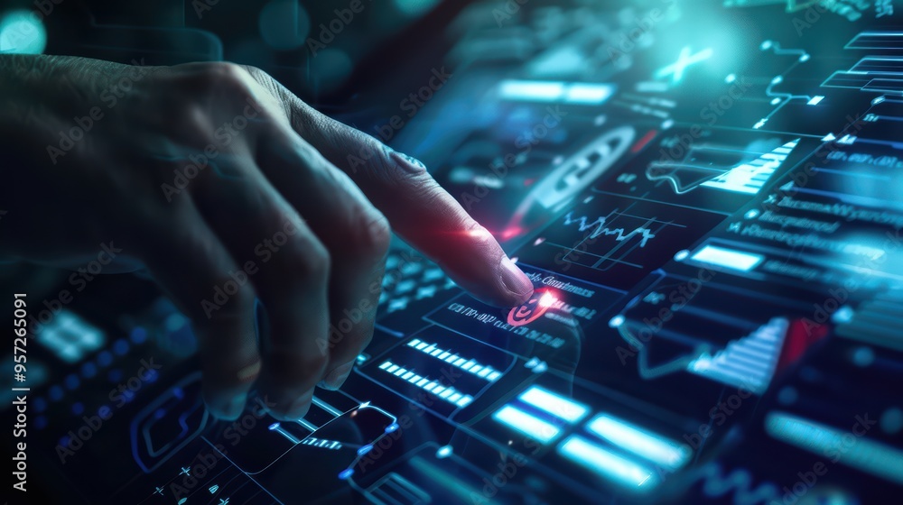A close-up of a hand interacting with a futuristic touchscreen displaying data analytics and technology interfaces. A close-up of a hand interacting with a futuristic touchscreen displaying data analytics and technology interfaces.