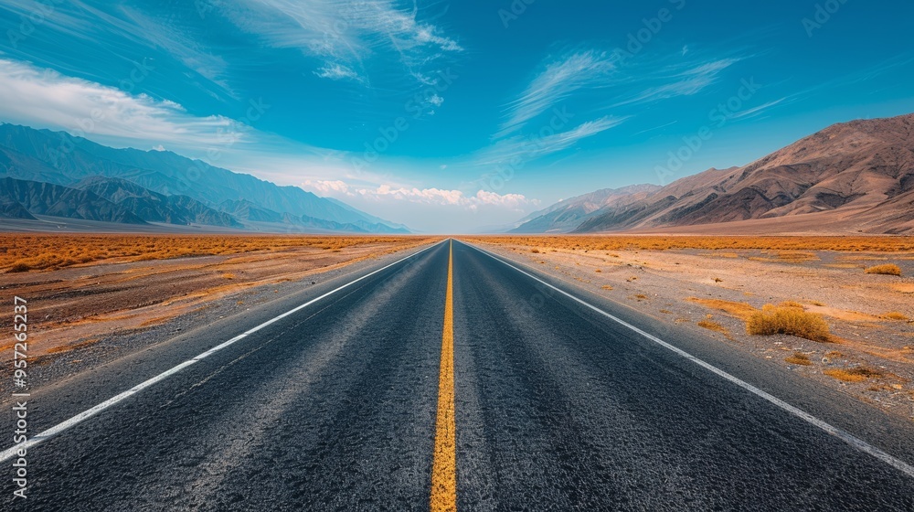 A long, straight road stretches towards distant mountains under a clear blue sky in a vast, arid landscape A long, straight road stretches towards distant mountains under a clear blue sky in a vast, arid landscape
