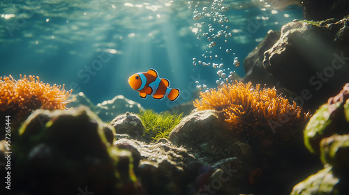 바위들 사이로 공기방울이 올라오는 맑은 물 속에서 헤엄치는 니모 한 마리와 바닥에 있는 산호와 말미잘