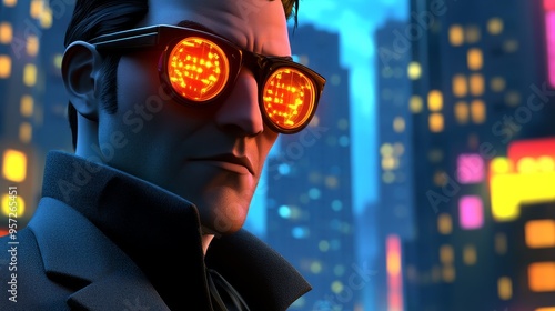 supeheroic game character stands confidently against a vibrant city background at night showcasing stylish glasses and modern design elements photo