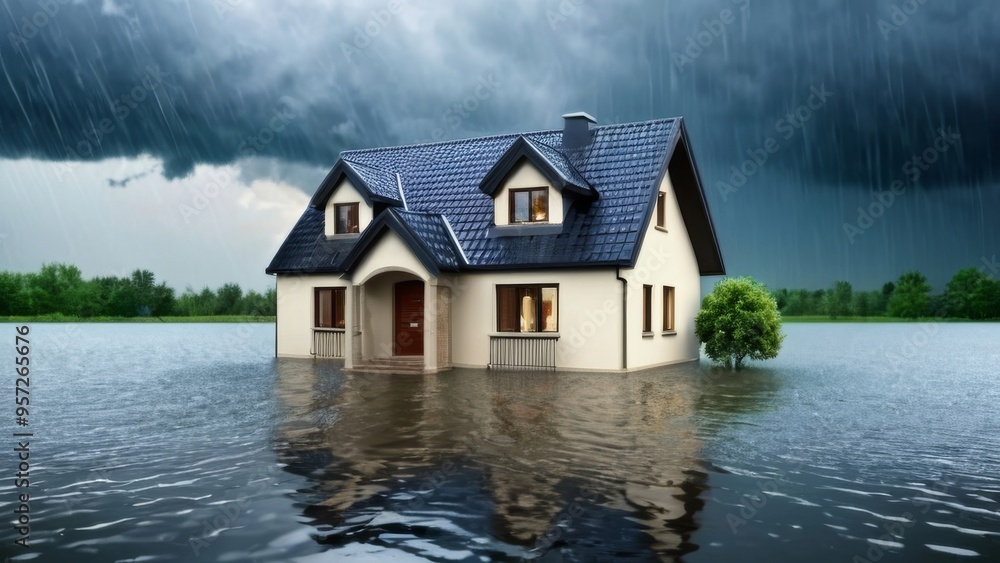 Fototapeta premium Flooded House Under Heavy Rain: Home Insurance Concept Art