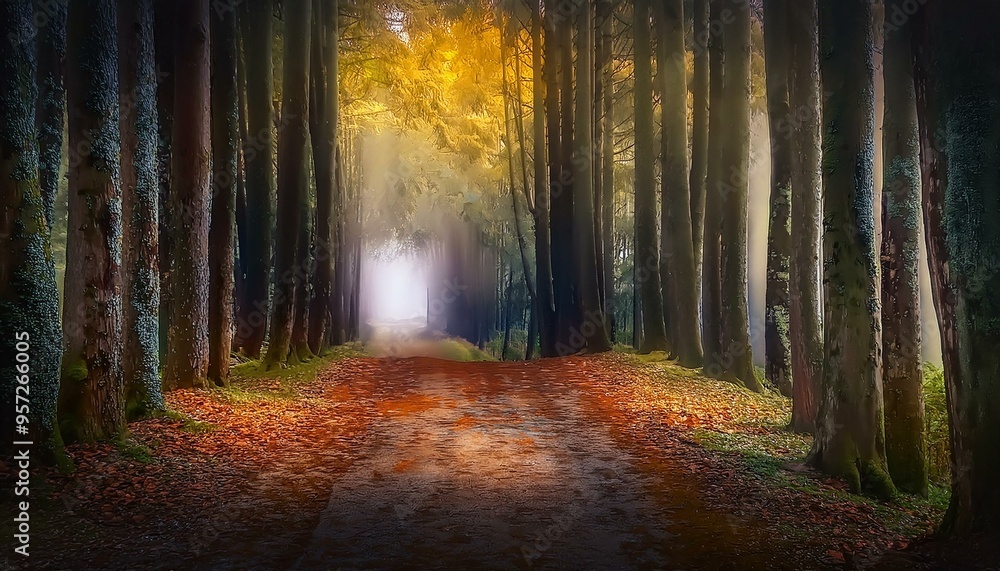 Naklejka premium Camino en medio de una bosque de pinos otoñal