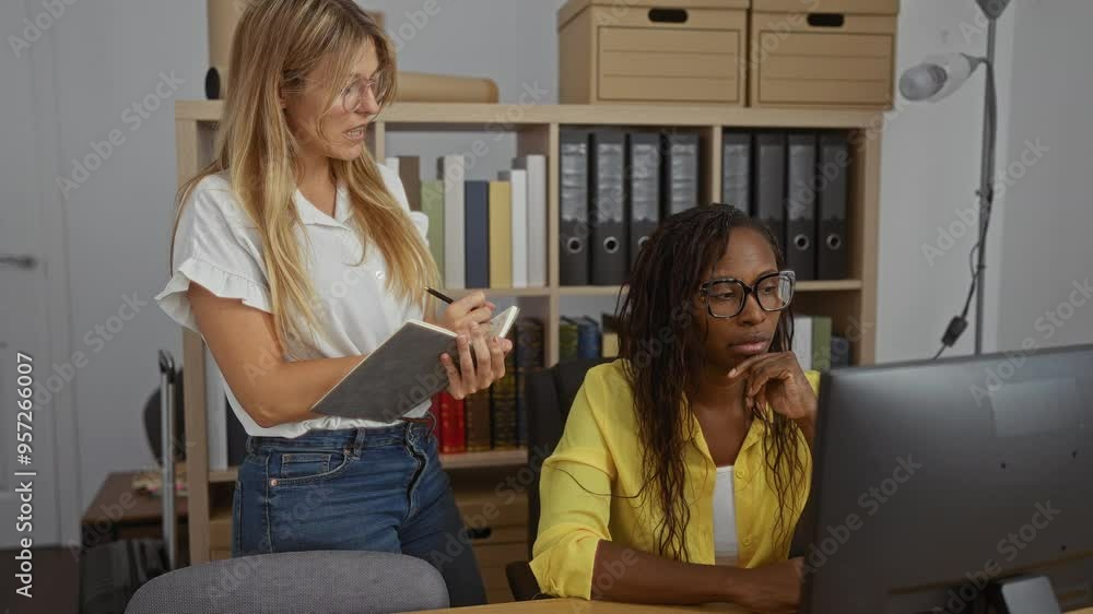 Women working together in an office with documents and computer, one taking notes while standing, and the other focused at the desk Women working together in an office with documents and computer, one taking notes while standing, and the other focused at the desk