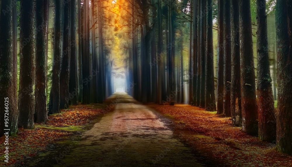Naklejka premium Camino en medio de un bosque de pinos otoñal