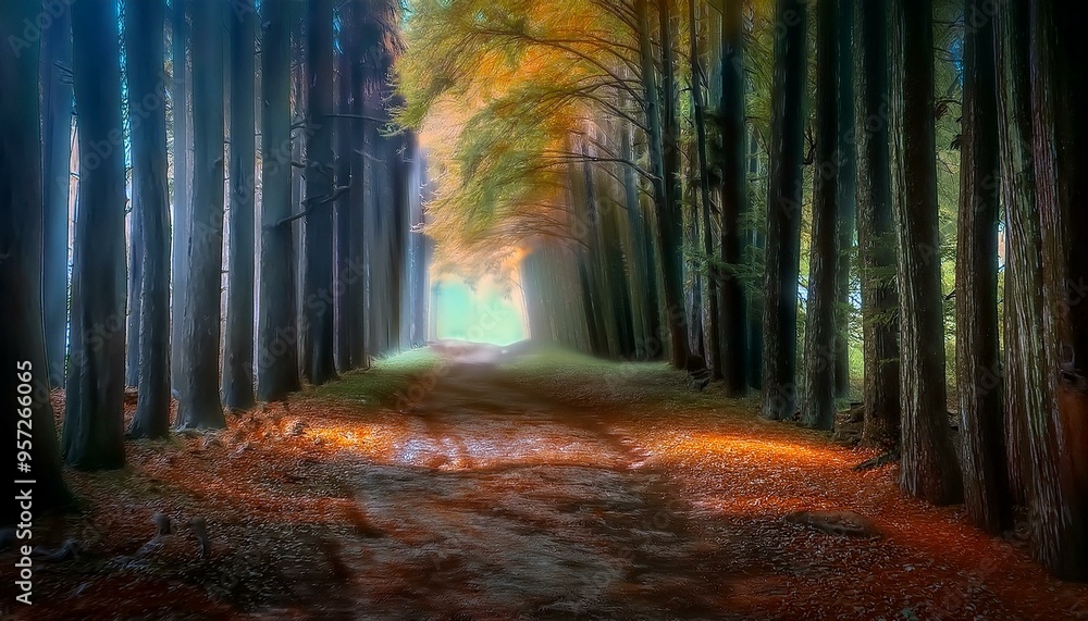 Naklejka premium Camino en medio de una bosque de pinos otoñal