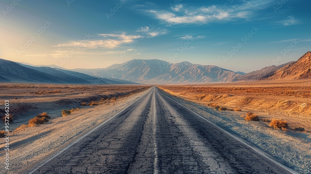Serene desert highway stretching towards distant mountains at sunset in a wide-open landscape