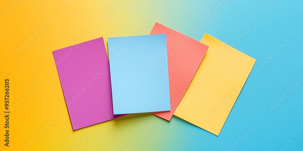 Four colorful paper sheets arranged on a vibrant multicolor background, representing creativity and diversity in design. Four colorful paper sheets arranged on a vibrant multicolor background, representing creativity and diversity in design.
