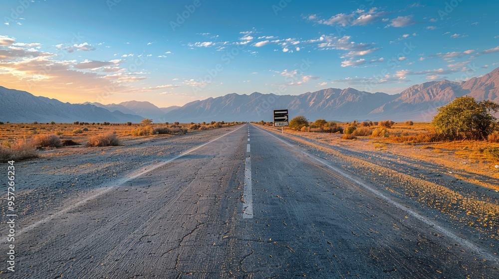 Open road stretches through desert landscape with distant mountains during sunset in a vast, tranquil environment Open road stretches through desert landscape with distant mountains during sunset in a vast, tranquil environment