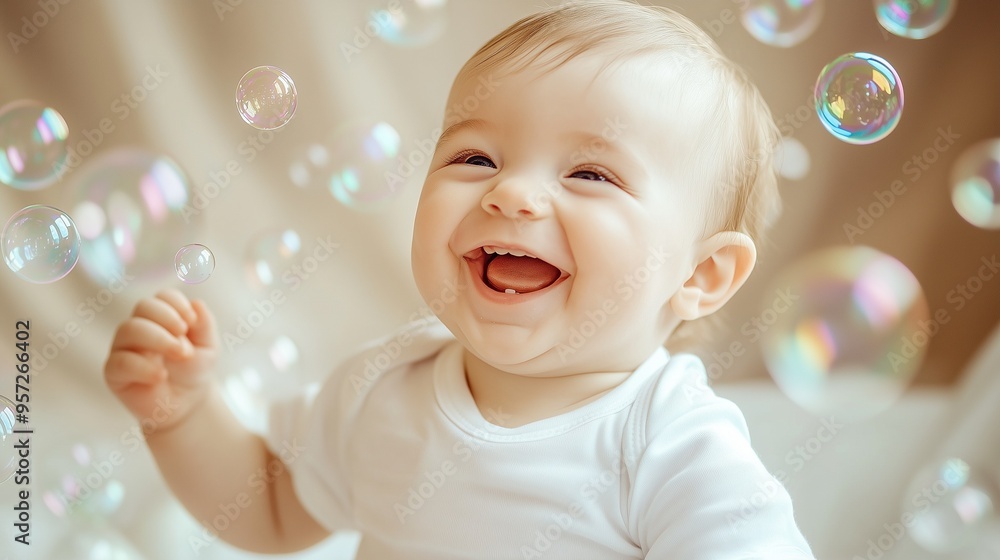 Baby catches soap bubbles and laughs. Happy childhood, child's smile. Baby catches soap bubbles and laughs. Happy childhood, child's smile.