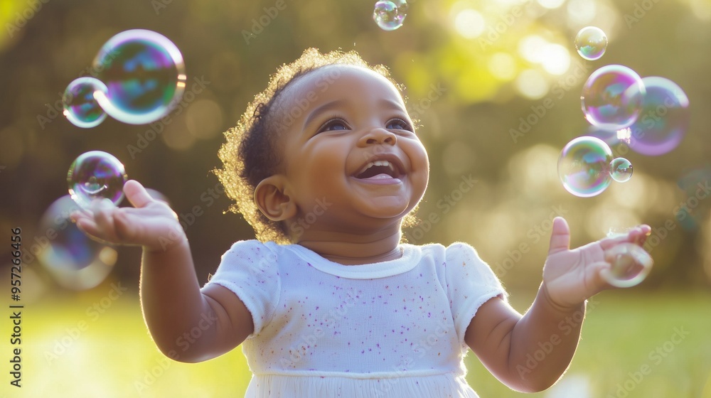 African American baby catching soap bubbles and laughing. Happy childhood, child's smile. African American baby catching soap bubbles and laughing. Happy childhood, child's smile.