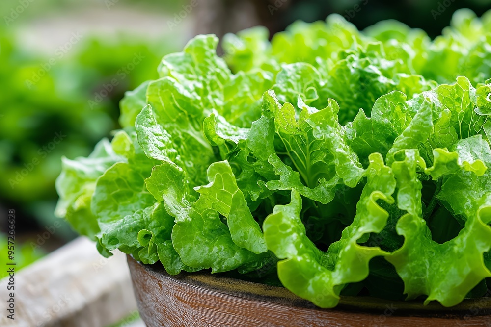 A healthy serving of fresh, crisp green lettuce beautifully presented in a rustic wooden bowl, representing freshness. A healthy serving of fresh, crisp green lettuce beautifully presented in a rustic wooden bowl, representing freshness.