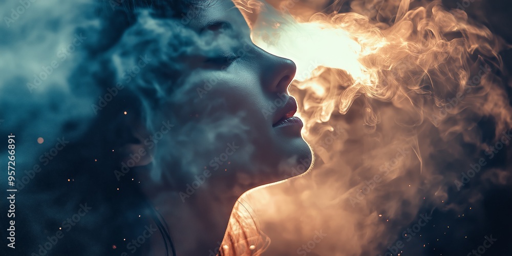 An abstract image showing a woman's face engulfed in swirling clouds of smoke, creating a dream-like, ethereal atmosphere. An abstract image showing a woman's face engulfed in swirling clouds of smoke, creating a dream-like, ethereal atmosphere.