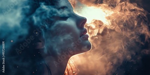 An abstract image showing a woman's face engulfed in swirling clouds of smoke, creating a dream-like, ethereal atmosphere.