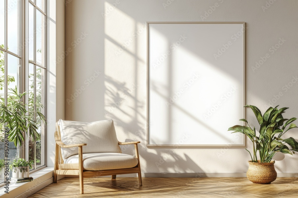 Fototapeta premium Poster Frame in Beige minimalist living room interior created with generative AI
