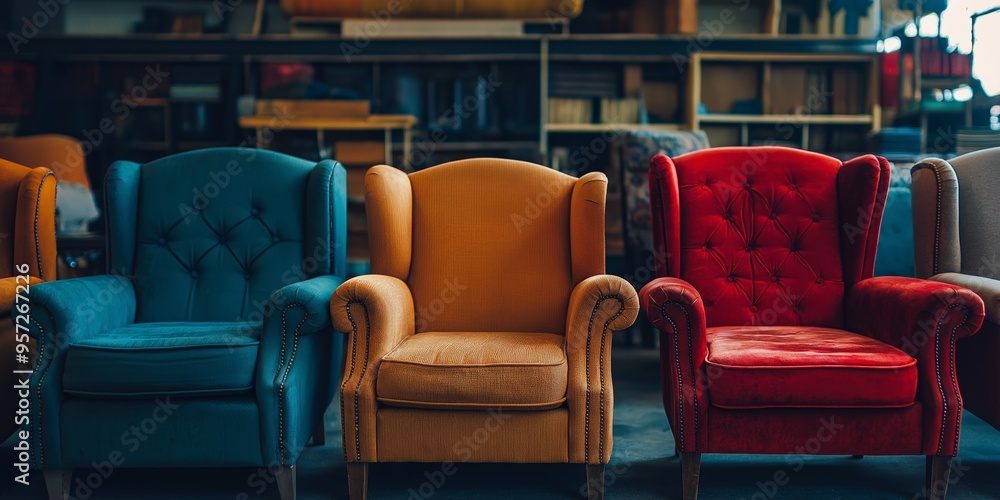 Obraz premium Three vibrant armchairs in blue, orange, and red in a cozy and stylish interior setting, showcasing diverse designs.
