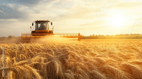 A harvester steadily cuts through a golden wheat field as the sun sets, casting warm tones across the landscape and highlighting the beauty of agricultural life