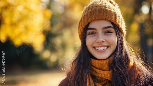 Portrait of young happy smiling caucasian girl in autumn park, positive cheerful young woman enjoying a walk outdoors in autumn forest. Active lifestyle, good health. Enjoying outdoors.