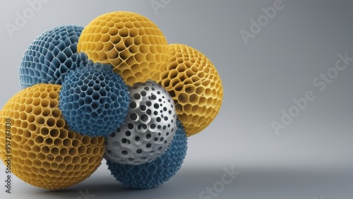 Collection of colorful honeycomb-like spheres in an organic arrangement.